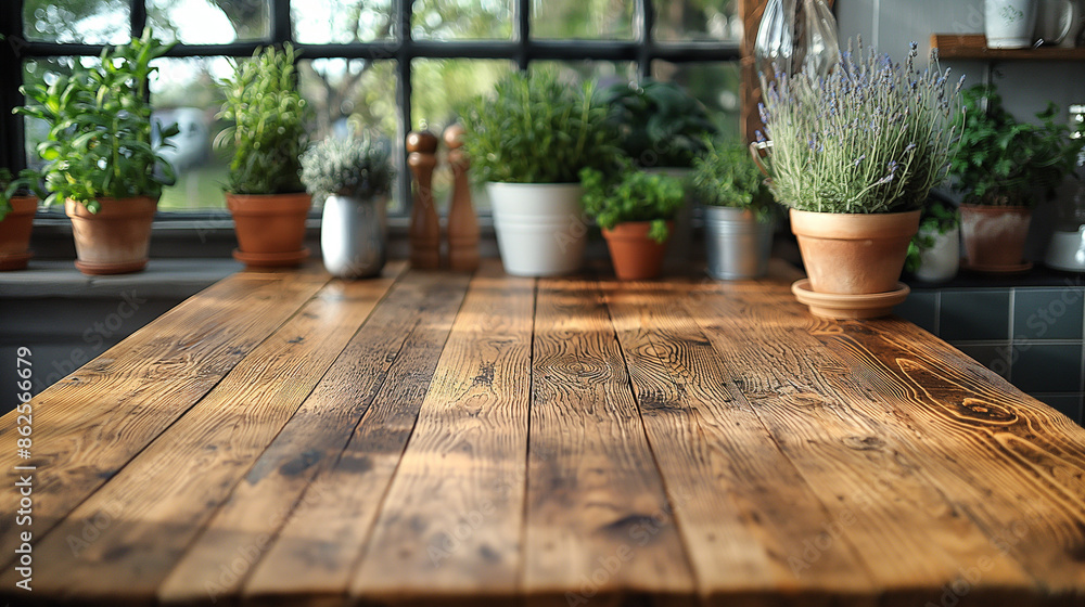 Wood table top on blurred kitchen background, Wood table top on blurred kitchen background,