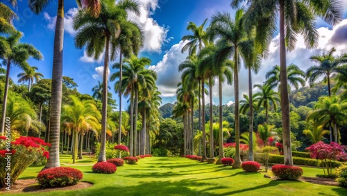 Majestic royal palm trees stand tall amidst lush greenery and vibrant flowers in serene Balata gardens of Fort de France. photo