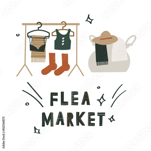Cartoon flat hand drawn vector illustration with lettering flea market. Shop of used goods. Second hand shop banner or card design with clothes hanger.  thrifting aesthetic