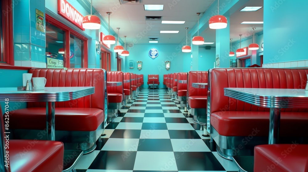 Capture the retro charm of a classic diner interior, featuring red vinyl booths and a chrome-trimmed counter.