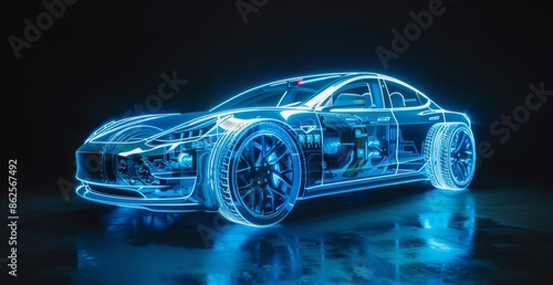 A neon blue holographic projection of an electric sports car wire model, showcasing intricate details against a black background, highlighting advanced automotive technology