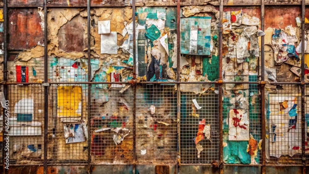 Obraz premium Urban grungy street wall with torn and worn-out old posters, peeling paint, and rusted metal grid, perfect for mockup design.