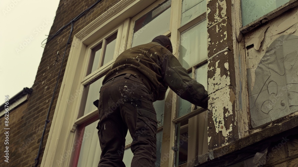 A window installer fitting a new window A window installer fitting a new window