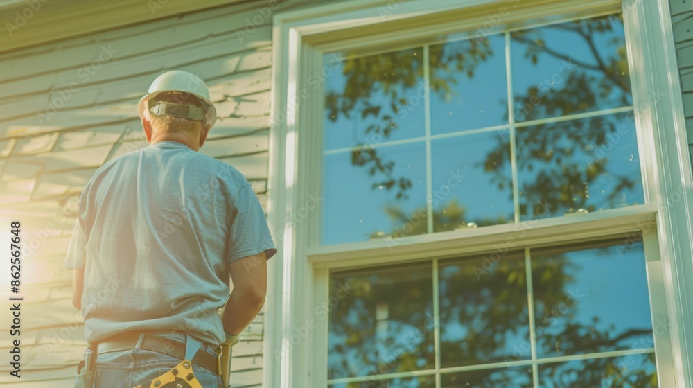Professional carefully installs a new window frame, with copy space Professional carefully installs a new window frame, with copy space