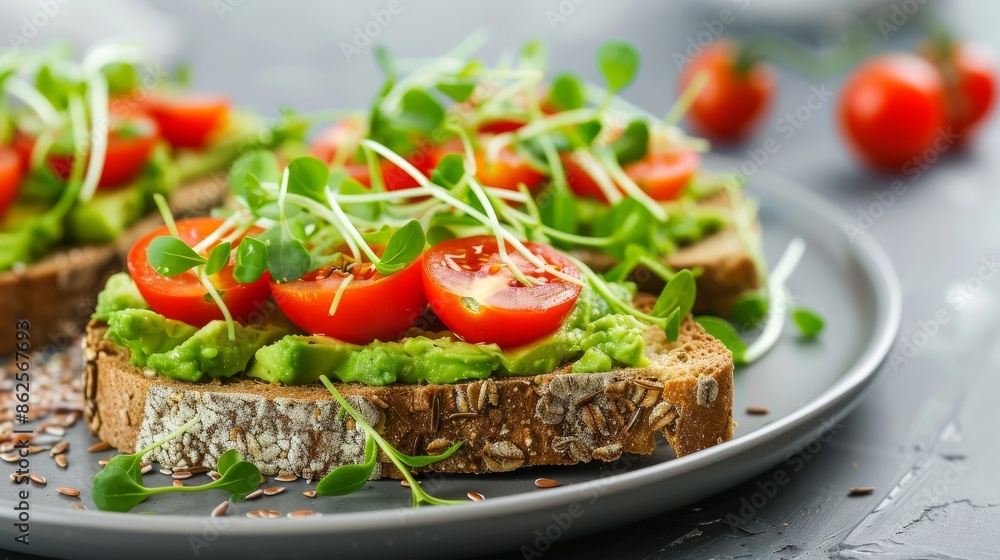 Capture the simplicity of avocado toast topped with cherry tomatoes, microgreens, and a sprinkle of flax seeds Capture the simplicity of avocado toast topped with cherry tomatoes, microgreens, and a sprinkle of flax seeds