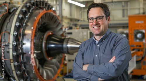 An aerospace engineer in front of a large jet engine prototype.