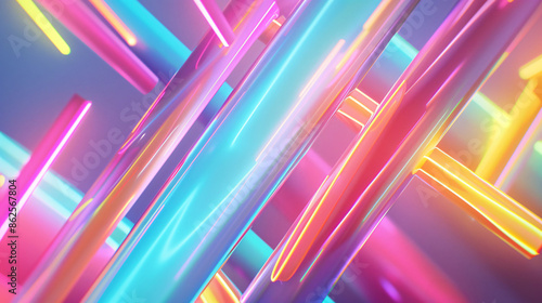 A dynamic composition of neon lines and shapes reminiscent of 1980s synthesizer music videos. The vibrant colors and rhythmic patterns create a sense of energy and excitement.