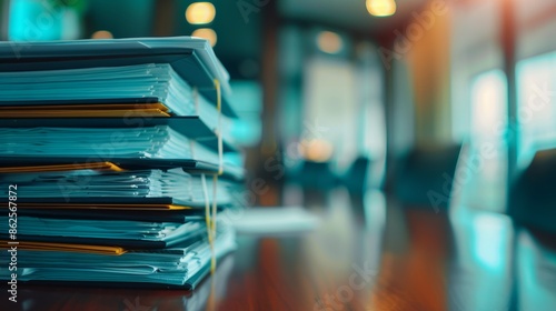 A stack of business reports and documents on a polished desk. photo