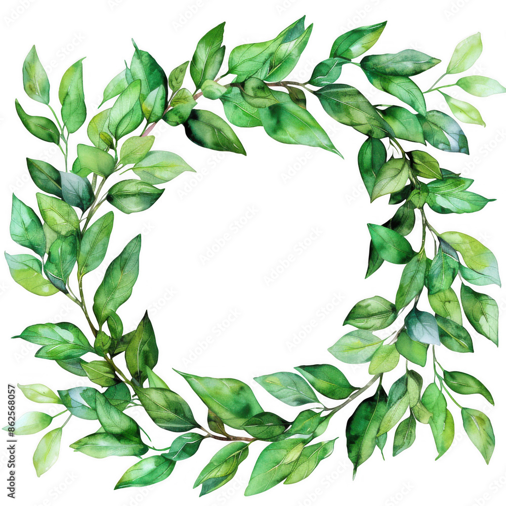 Naklejka premium Watercolor Wreath of Green Leaves