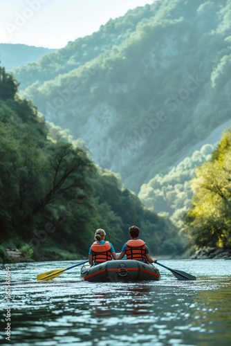 Young couple rafting a boat on the river