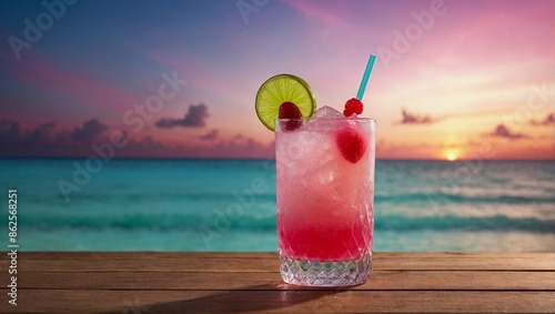 Glass of pink Daiquiri styled alcoholic drink with ice and lime, on tropical, beautiful beach