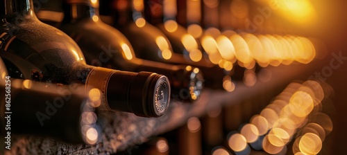 Wine Bottles On A Rack With Bokeh Lights In A Wine Cellar