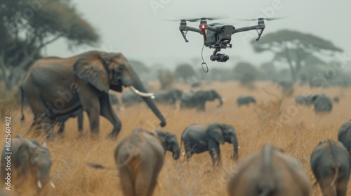 A drone flying over a herd of elephants in the savanna. photo