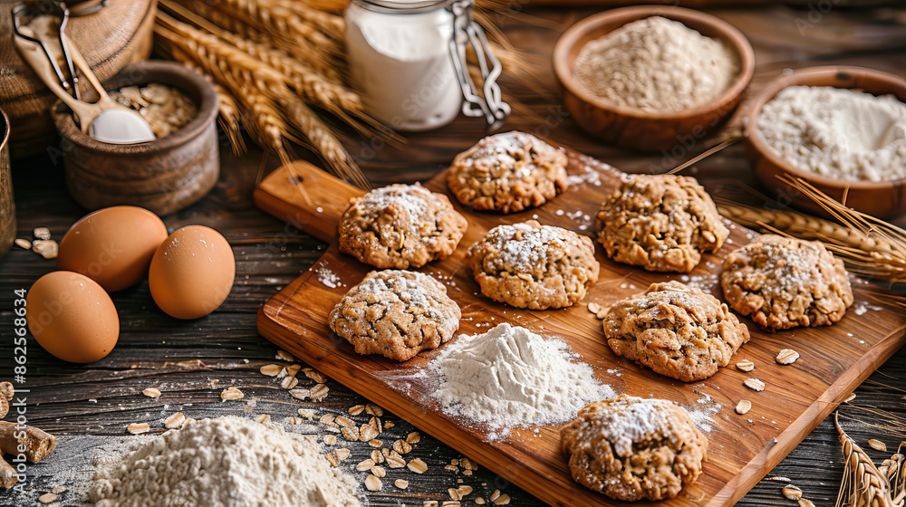 Oatmeal cookies are arranged on a wooden board alongside flour and bran on a table. Oatmeal cookies are arranged on a wooden board alongside flour and bran on a table.