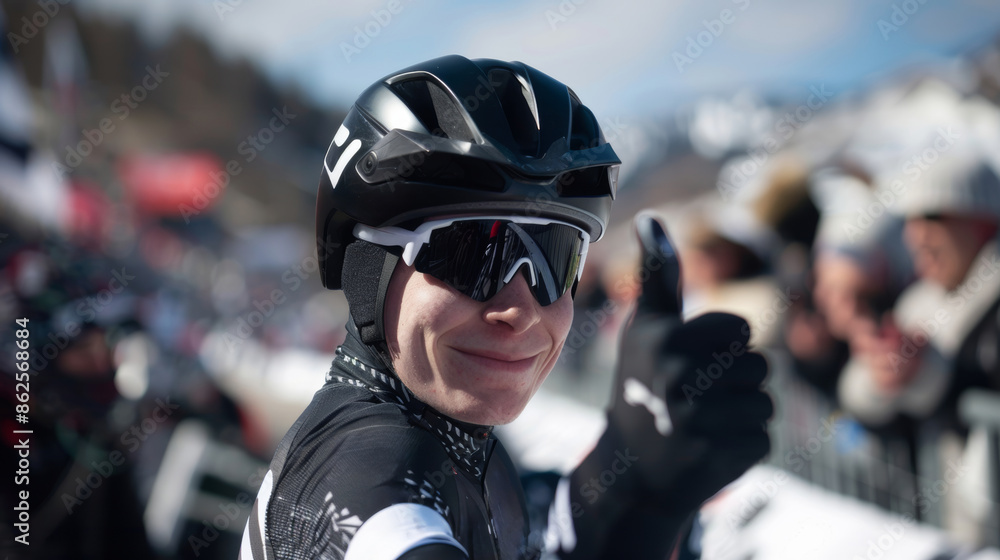 Racer in full gear gives a thumbs up next to their bike Racer in full gear gives a thumbs up next to their bike