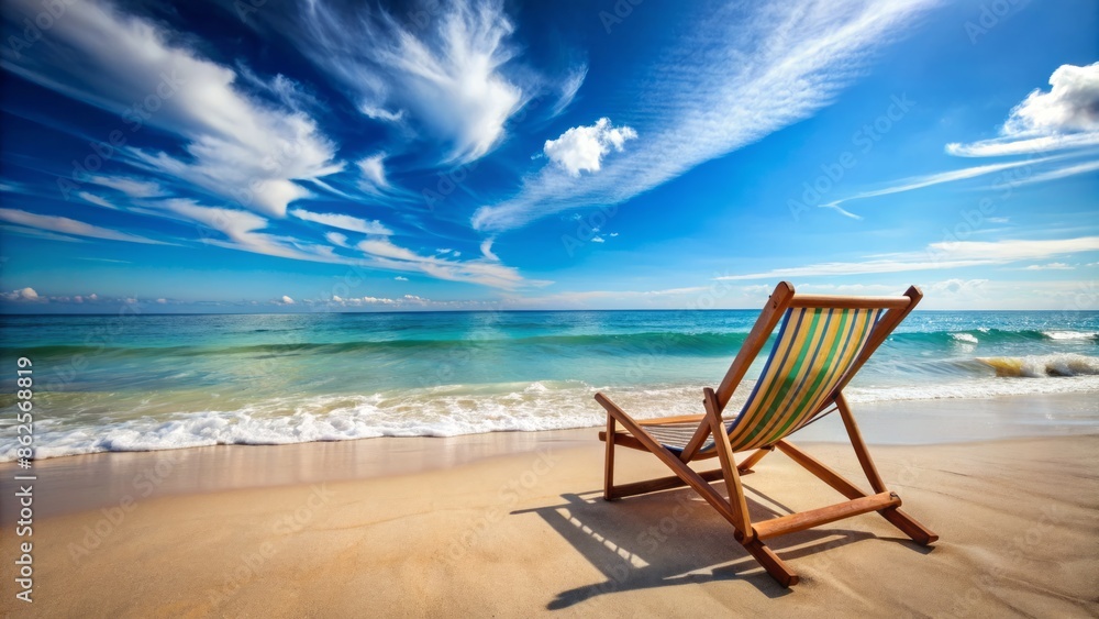 Serenely empty beach scene with a comfortable chair, gentle waves, and a clear blue sky on a transparent background. Serenely empty beach scene with a comfortable chair, gentle waves, and a clear blue sky on a transparent background.