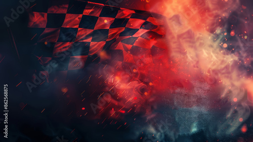 a checkered flag waving in the wind. Smoke and sparks