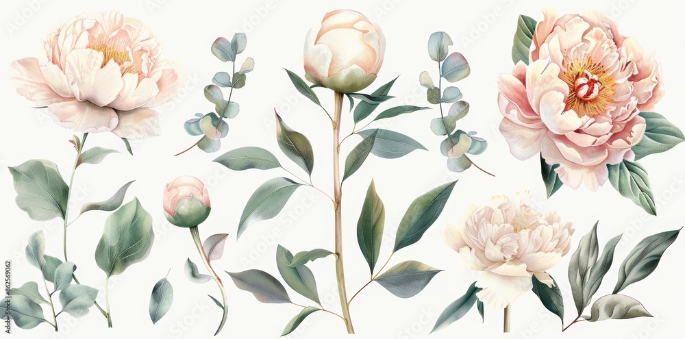 Illustration set with blush pink, blue, and green flowers for bouquets, wreaths, invitations, anniversaries, birthdays, and postcards. Illustration set with blush pink, blue, and green flowers for bouquets, wreaths, invitations, anniversaries, birthdays, and postcards.