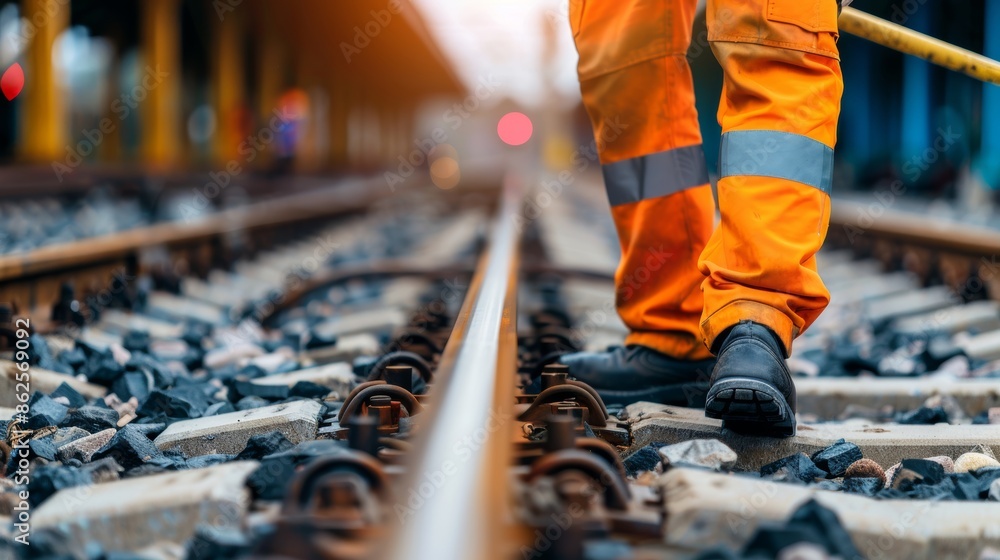 A railroad worker inspects tracks with a train station in the background. A railroad worker inspects tracks with a train station in the background.