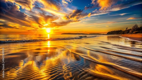 Golden sunset reflections dance across rippling waves as warm light bathes the serene, deserted shoreline in peaceful summer tranquility.