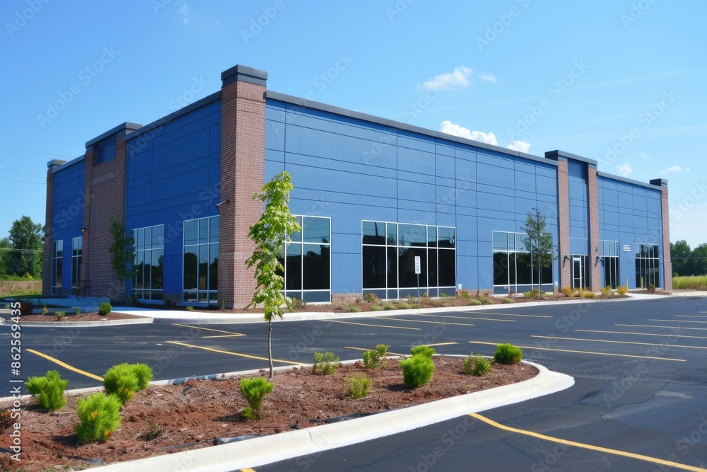 Building with Parking Lot. Modern Business Architecture in Blue Brick Structure Building with Parking Lot. Modern Business Architecture in Blue Brick Structure