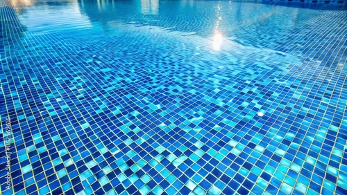 Serenely lit blue mosaic tiles adorn the floor of a crystal clear water filled swimming pool on a sunny day. © Wanlop