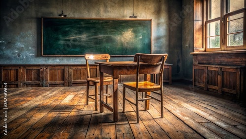 A tidy empty wooden desk sits alone in a quiet dimly lit classroom surrounded by old chalkboards and worn wooden chairs.