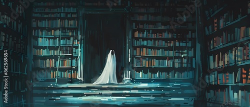 Ghostly figure stands in a dark, book-filled room.