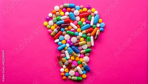 Wallpaper Mural Vibrant arrangement of colorful pills and capsules on a bright pink background, forming an exclamation mark, conveying psychological wellness! Torontodigital.ca