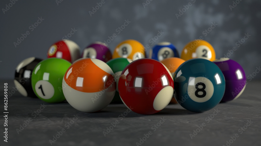 On a gray table, there are several pool balls for a game called eight-ball pool, which is a type of cue sport played with six pockets. On a gray table, there are several pool balls for a game called eight-ball pool, which is a type of cue sport played with six pockets.