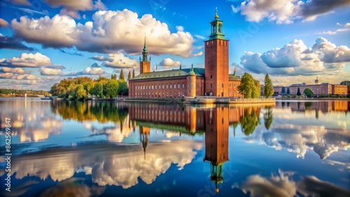 Magnificent medieval-inspired Stockholm City Hall stands majestically amidst serene Lake M?laren's tranquil reflections under a cloudless summer sky Sweden. photo