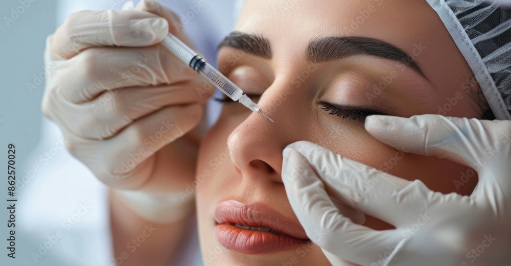 Close-up of beauty specialist injecting neurotoxin or dermal filler into crow's feet of woman's upper eyelid, wearing white cap, doctor's hands in gloves. Close-up of beauty specialist injecting neurotoxin or dermal filler into crow's feet of woman's upper eyelid, wearing white cap, doctor's hands in gloves.