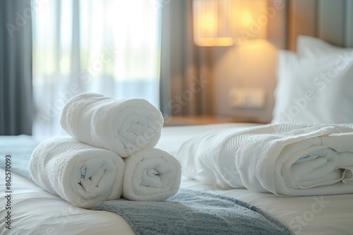 Fresh Linens. Elegant Home Decor with White Sheets and Cushions on Comfortable Bed © Web