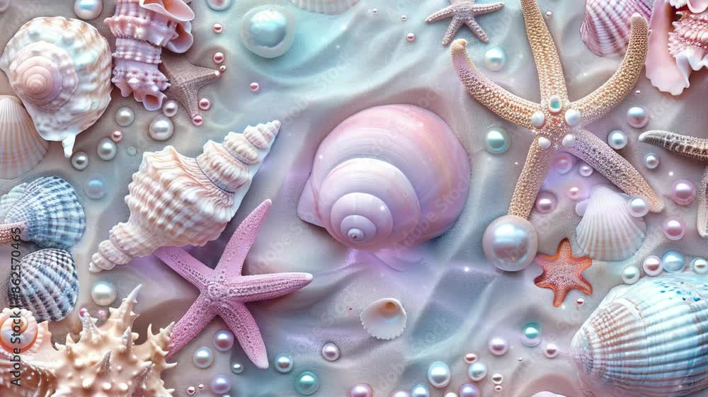 colorful sea shells and starfish in white beach sand background colorful sea shells and starfish in white beach sand background