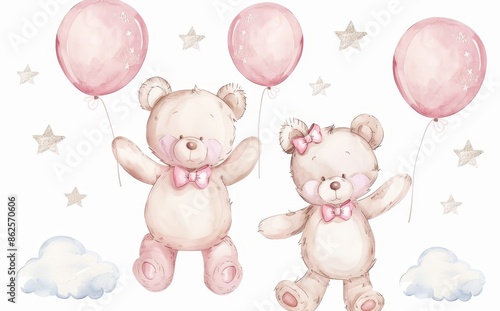 Set of watercolor illustrations featuring a baby bear and balloons