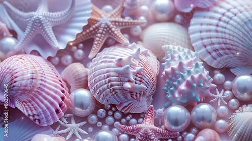 colorful sea shells and starfish in white beach sand background