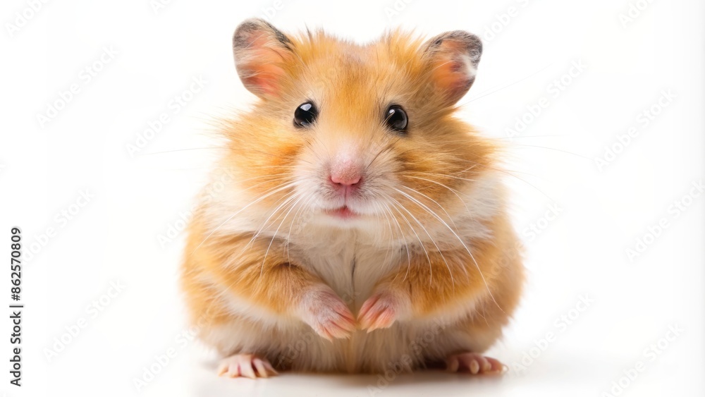Adorable, fluffy, golden hamster stands upright, whiskers twitching, on isolated white background, showcasing innocence and cuteness. Adorable, fluffy, golden hamster stands upright, whiskers twitching, on isolated white background, showcasing innocence and cuteness.