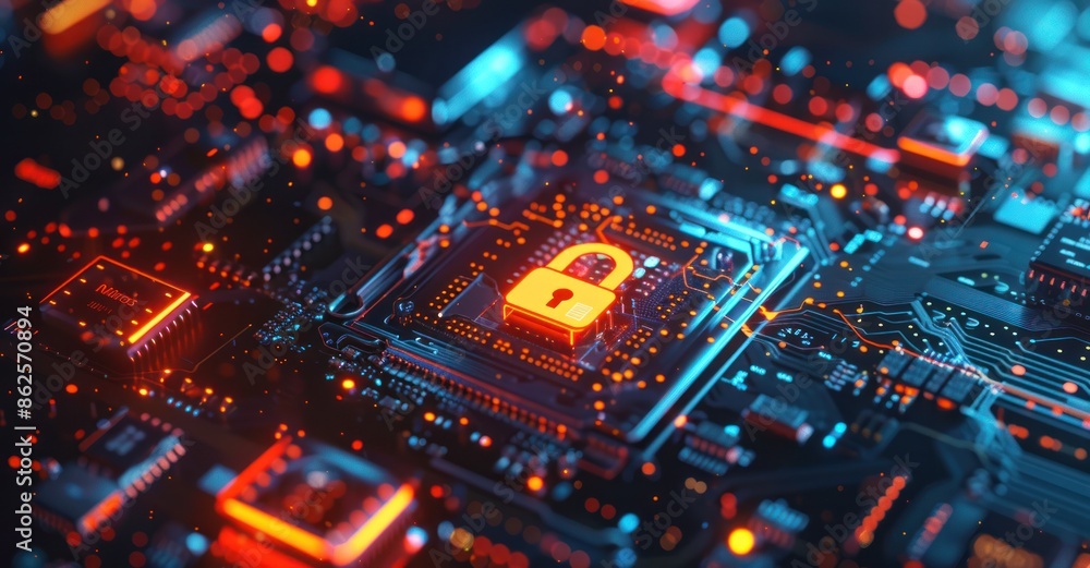 Closeup of computer motherboard with safety lock symbol, login screens, and verified credentials, representing cybersecurity services. Closeup of computer motherboard with safety lock symbol, login screens, and verified credentials, representing cybersecurity services.