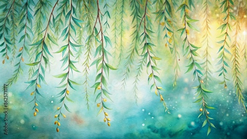 Delicate, whimsical watercolor painting of soft, swaying willow branches against a serene, dreamy, muted blue and green ombre background.