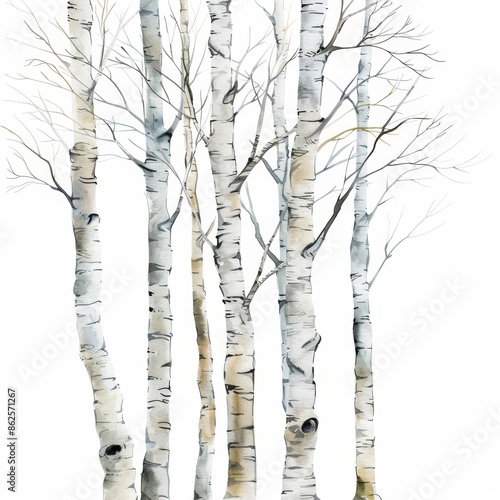 Watercolor illustration of a birch grove in summer against a white background. Stock image.
