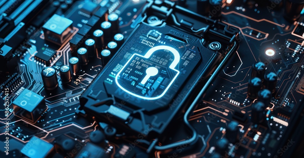 Closeup of computer motherboard with safety lock symbol, login screens, and verified credentials, representing cybersecurity services. Closeup of computer motherboard with safety lock symbol, login screens, and verified credentials, representing cybersecurity services.