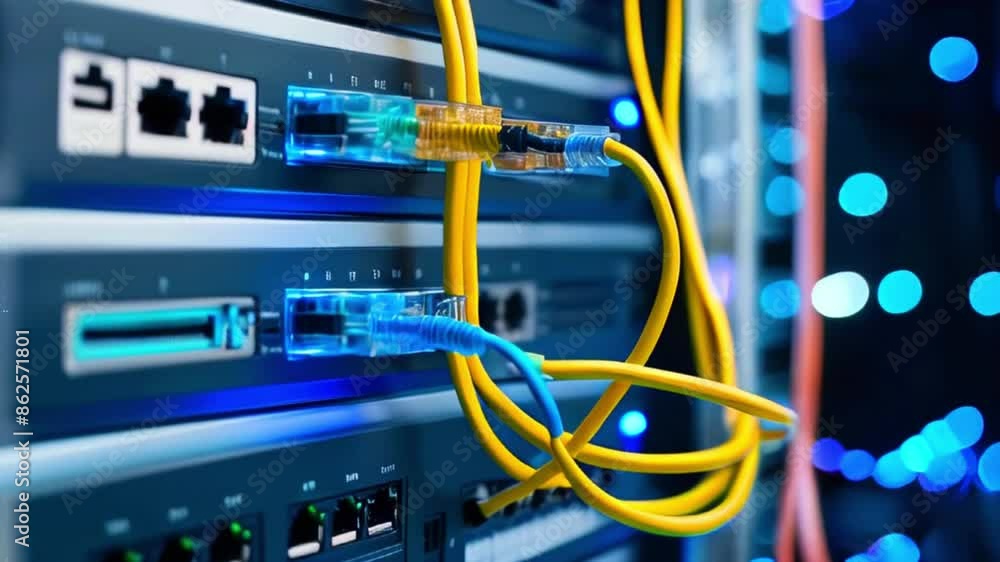 A close up of a server rack with yellow and blue cables plugged into the front. A close up of a server rack with yellow and blue cables plugged into the front.