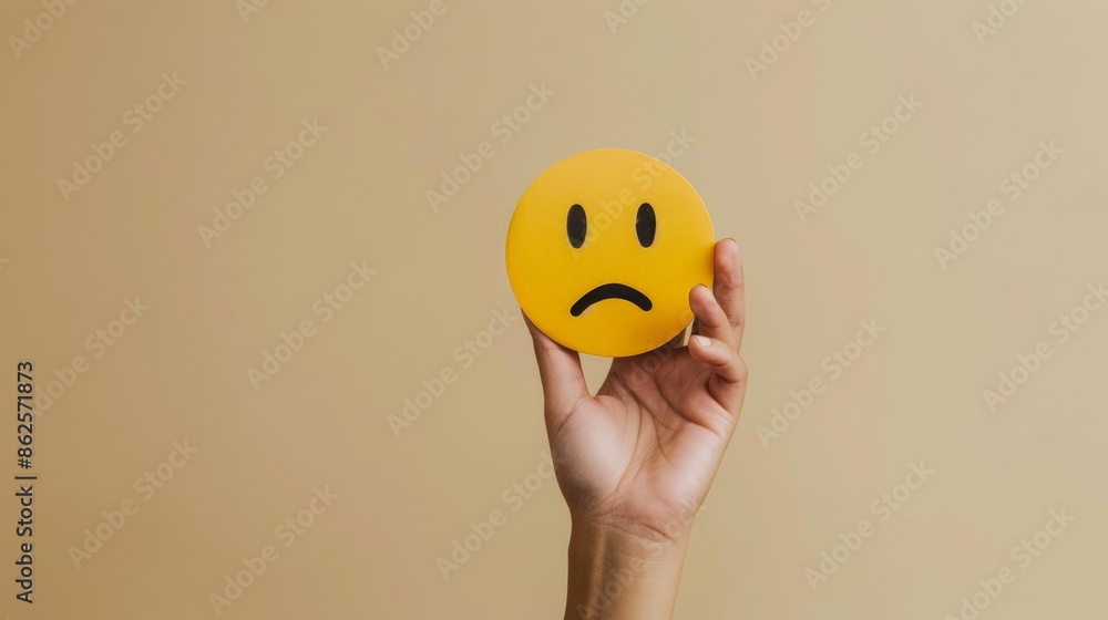 Hand Holding a Sad Emoji on a Beige Background suitable for business background, posters, wallpapers, banners, greeting cards, and advertising for business entities or brands. Hand Holding a Sad Emoji on a Beige Background suitable for business background, posters, wallpapers, banners, greeting cards, and advertising for business entities or brands.