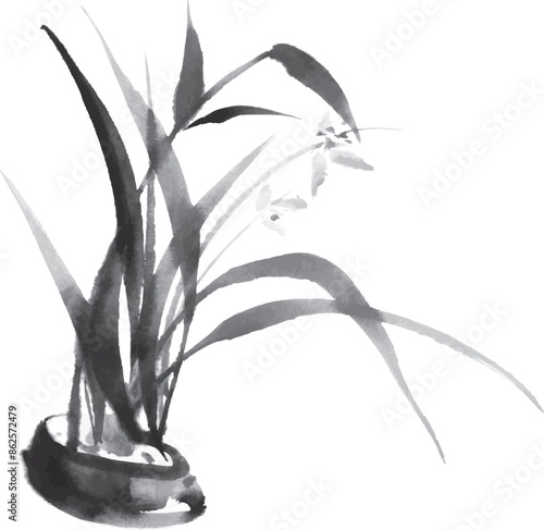 ink brushstroke painting grass leaves in a vase, monochrome on white background
