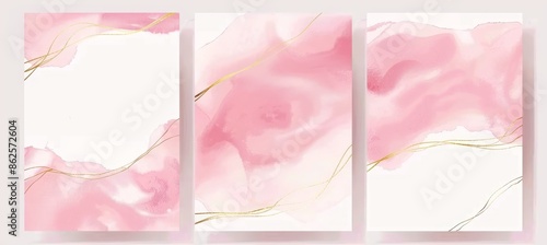 An abstract dusty pink liquid watercolor background with golden lines, dots, and polygonal frame. A pastel marble alcohol ink drawing effect.