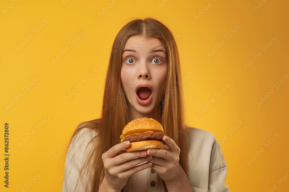 Surprised Young Woman Holding a Delicious Burger on Yellow Background Surprised Young Woman Holding a Delicious Burger on Yellow Background