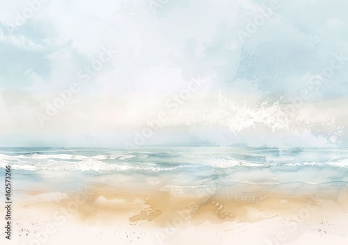 Watercolor painting of blue waves on sandy beach background. Summer blue sea and beach background for banners, invitations, posters, and web designs. © Bundi