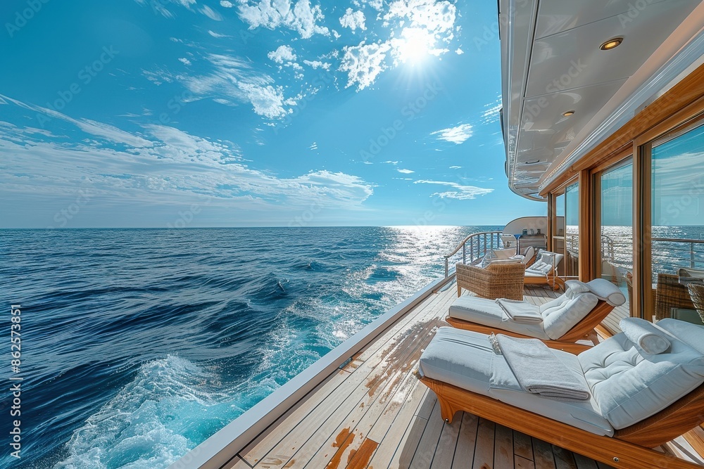 Fototapeta premium A luxurious cruise ship deck with sun loungers, a swimming pool, and an endless view of the ocean.