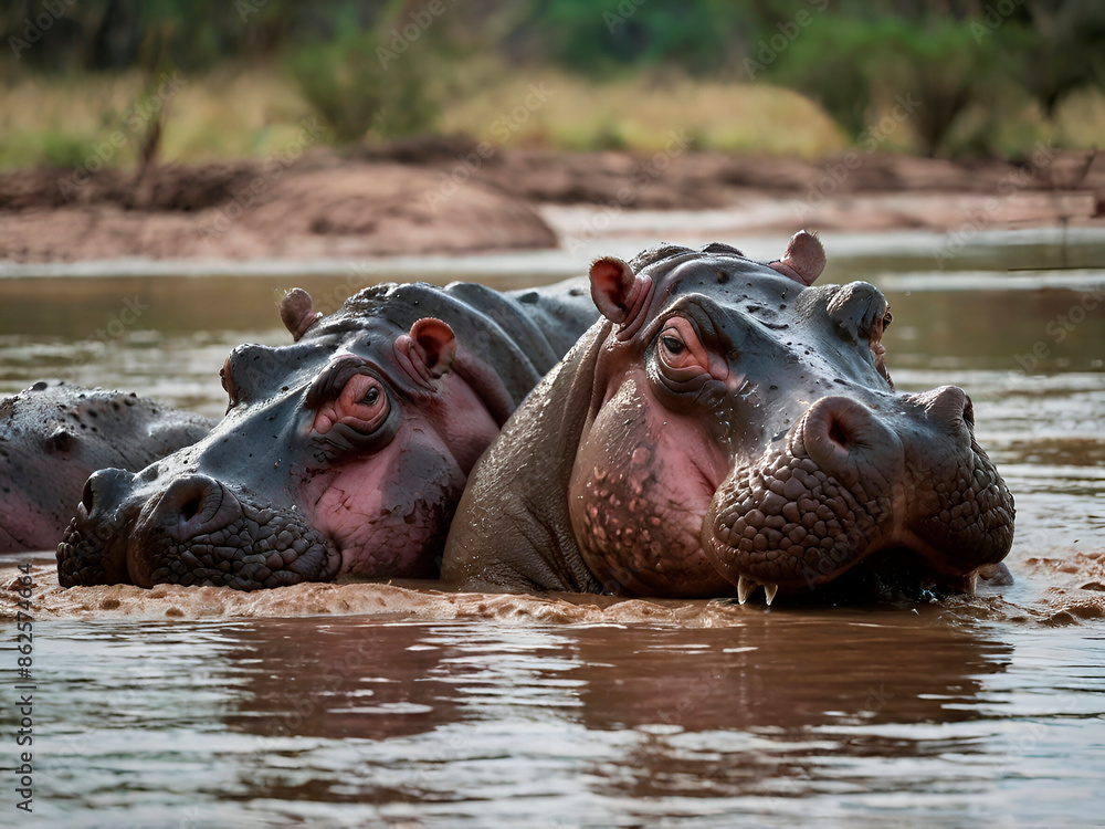A group of hippos lounging in a muddy river, only their eyes and nostrils visible above the water. A group of hippos lounging in a muddy river, only their eyes and nostrils visible above the water.
