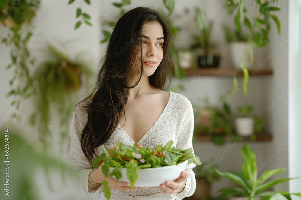Serene Woman Enjoying Fresh Salad in Green Plant-Filled Room Serene Woman Enjoying Fresh Salad in Green Plant-Filled Room